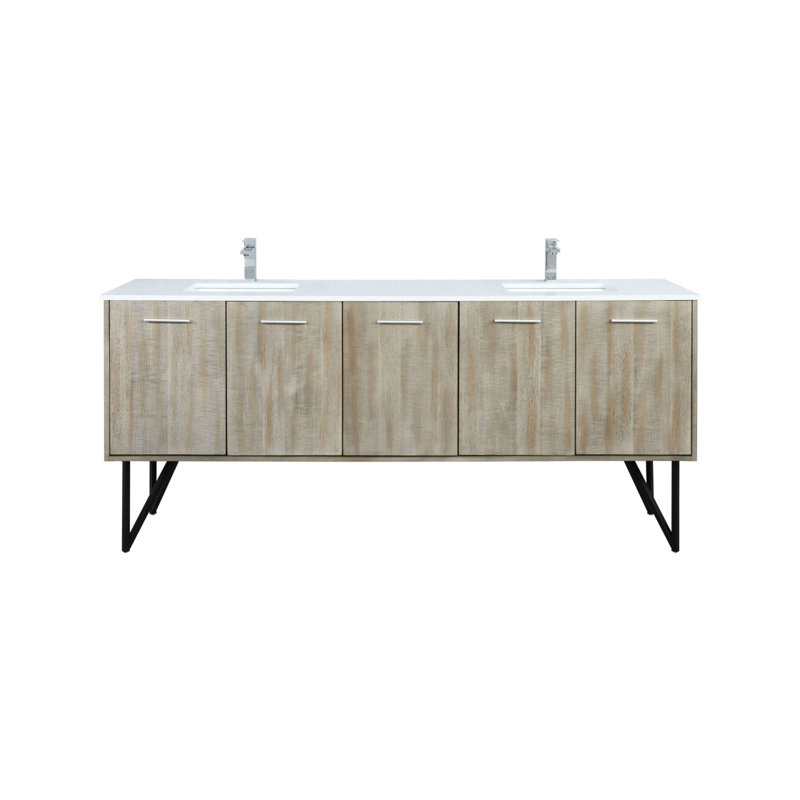 Meuble-lavabo double 80 po Rustic X P 20 po D, dessus en quartz blanc et robinet chromé, Chrome chrome