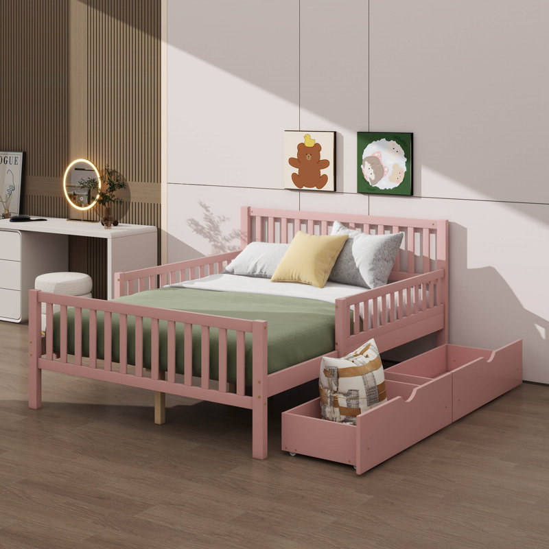 Lit plateforme double en bois avec garde-corps des deux côtés et deux compartiments de rangement, Double, Rose