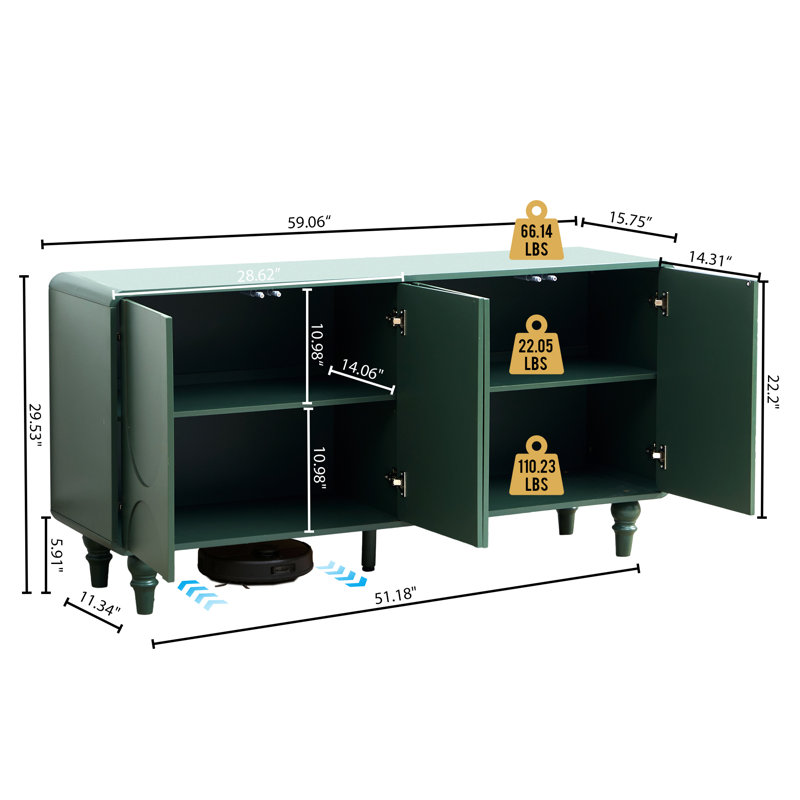 59.06" Sideboard Buffet Cabinet With Adjustable Shelves, Green