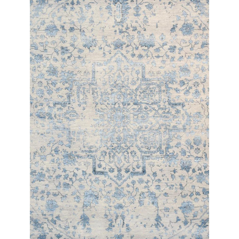 Tapis bleu en laine, en soie et en coton noué à la main 8 pi 5 po x 11 pi 8 po Erhard