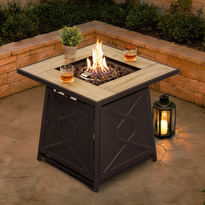 Outdoor 28 Inch 50,000 BTU Propane Gas Iron Fire Pit Table with Cover, Ceramic Tabletop and Iron Frame, Lid and Lava Rocks, for Patio, Deck, Garden, Backyard, Brown and Black