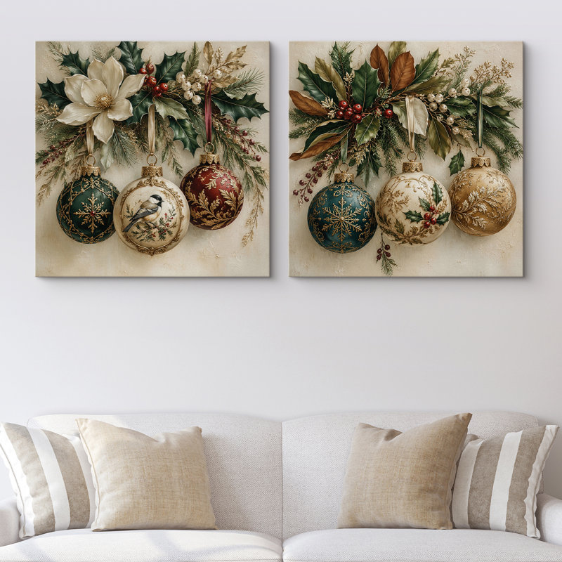 Ensemble de 2 reproductions d'art rustique des fêtes avec branches à feuilles persistantes et charme festif d'hiver encadré sur toile