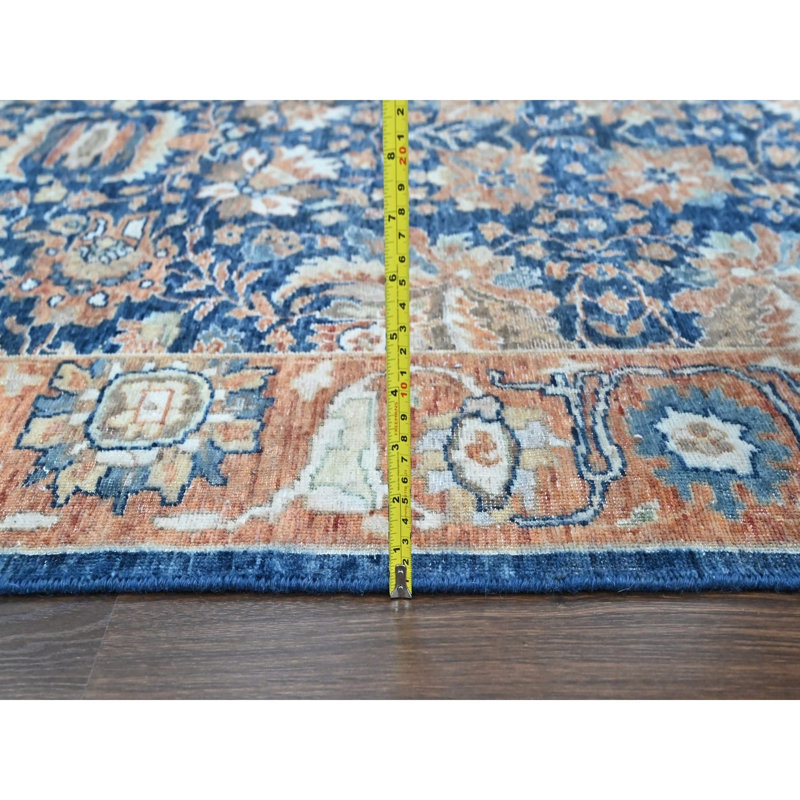 Tapis oriental bleu noué à la main 10 pi 3 po x 13 pi 10 po, motif persan antique noué à la main, teinture végétale, velours zéro, tondeuse basse