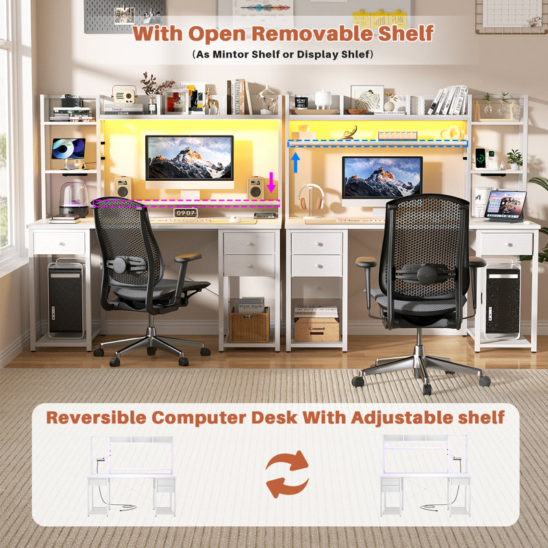 47"-59" Computer Desk with LED Lights & Outlet & Hutch, White, 59" H x 47.2" W x 18.9" D