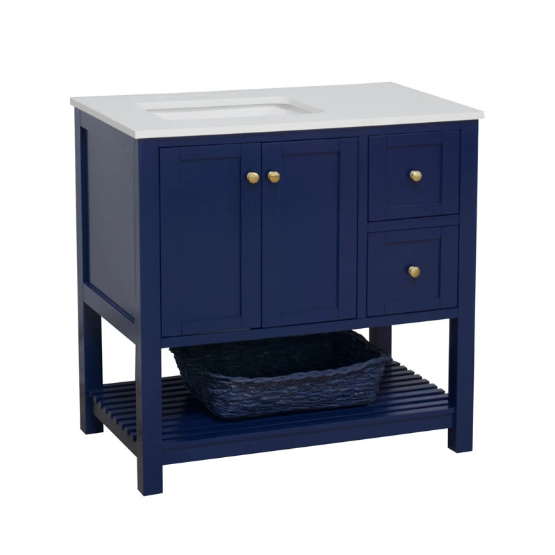 Binne 36'' Single Bathroom Vanity with Top, Royal Blue, Engineered White