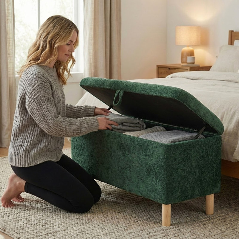 Fabric Upholstered Storage Bench, Green
