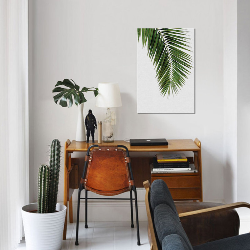 « palm leaf i », reproduction d’impression sur toile en vert, H 26 po x l 18 po x P 1,5 po, Toile avec cadre noir