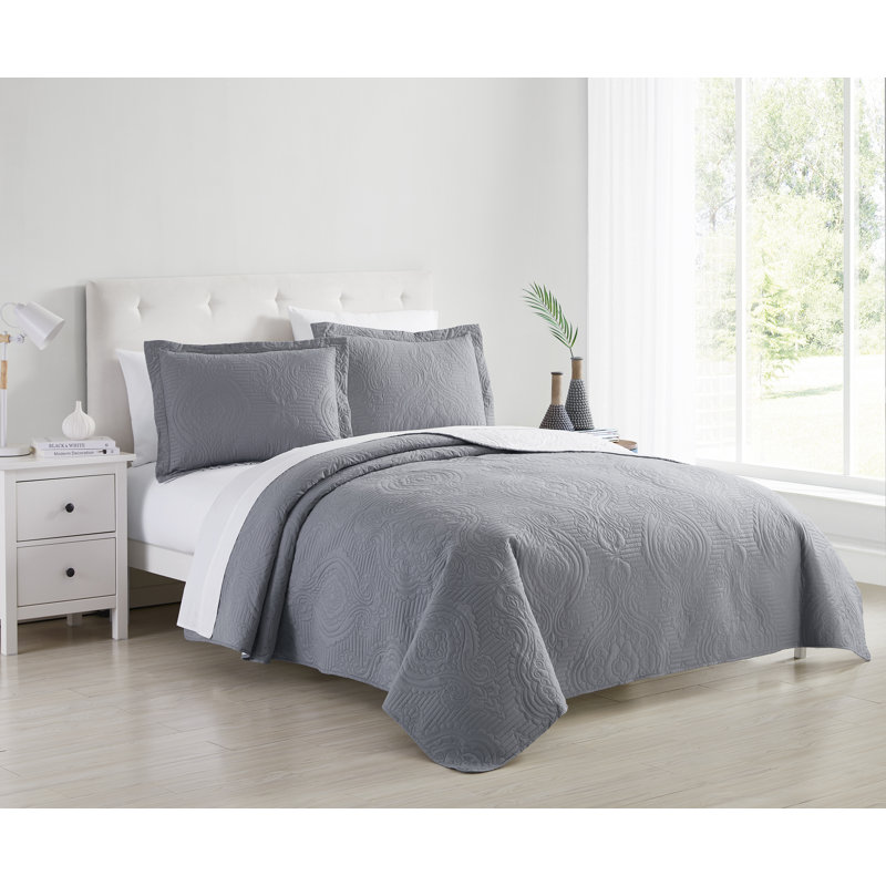 Ensemble de courtepointe réversible en microfibre 3 pièces , Très grand, Gris foncé / Blanc