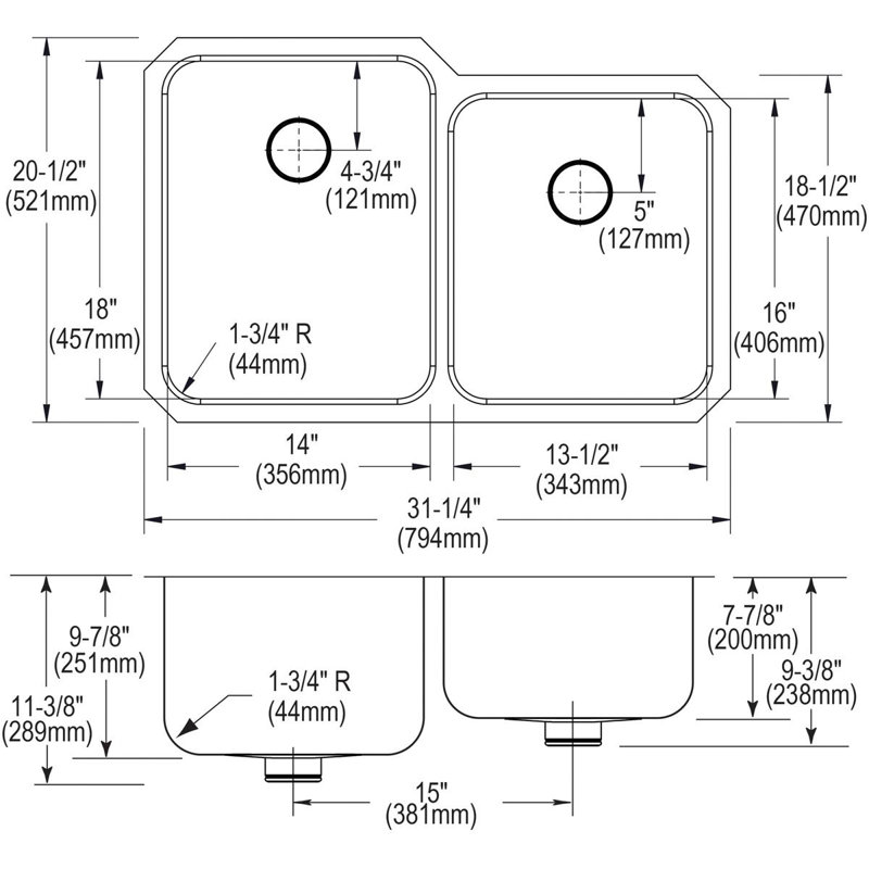 Lustertone 31.25" L x 20.5" W Double Basin Undermount Kitchen Sink Kit with Perfect Drain