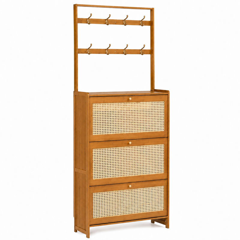 Armoire de rangement pour chaussures moderne, tiroirs en rotin de bambou avec crochets pour le vestibule
