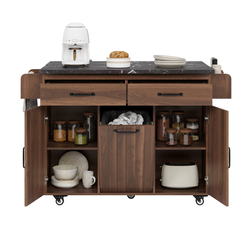 Kitchen Island With Trash Can Storage Cabinet, Kitchen Cart With Drop Leaf, Spice Rack, Towel Rack And Drawer, Rolling Kitchen Island On Wheels With Adjustable Shelf, Walnut Brown