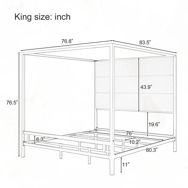 76.5" Tall Velvet Fabric Upholstered Headboard Metal  Canopy Bed, King, Black/White