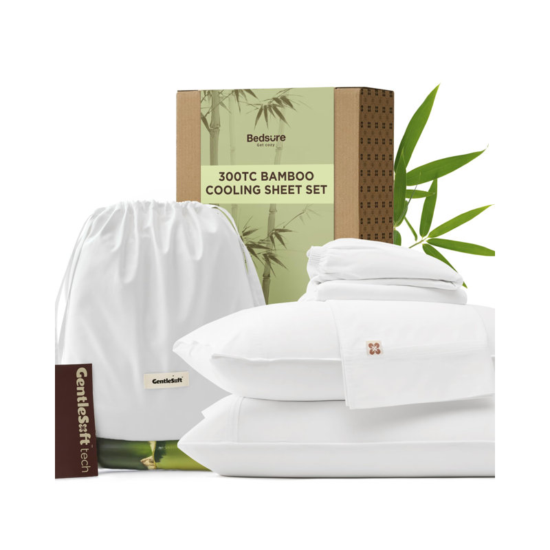 Draps rafraîchissants pour la literie, mélange de rayonne de bambou et de coton, doux doux, respirant, ensemble de draps pour grand lit, poches profondes jusqu'à 18 pouces, literie de luxe pour hôtel pour dormeurs chauds, blanc