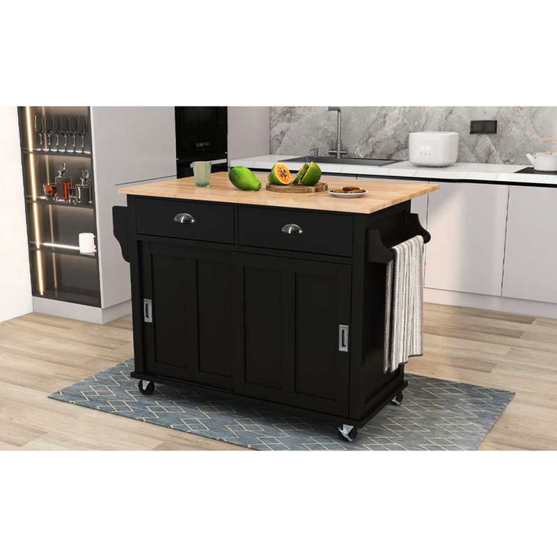 Chariot de cuisine à 4 roulettes Drop, armoire de rangement, porte de grange coulissante, finition noire, rangement dissimulé L52,2 x l 30,5 x H 36,6 po, hauteur et conception réglables
