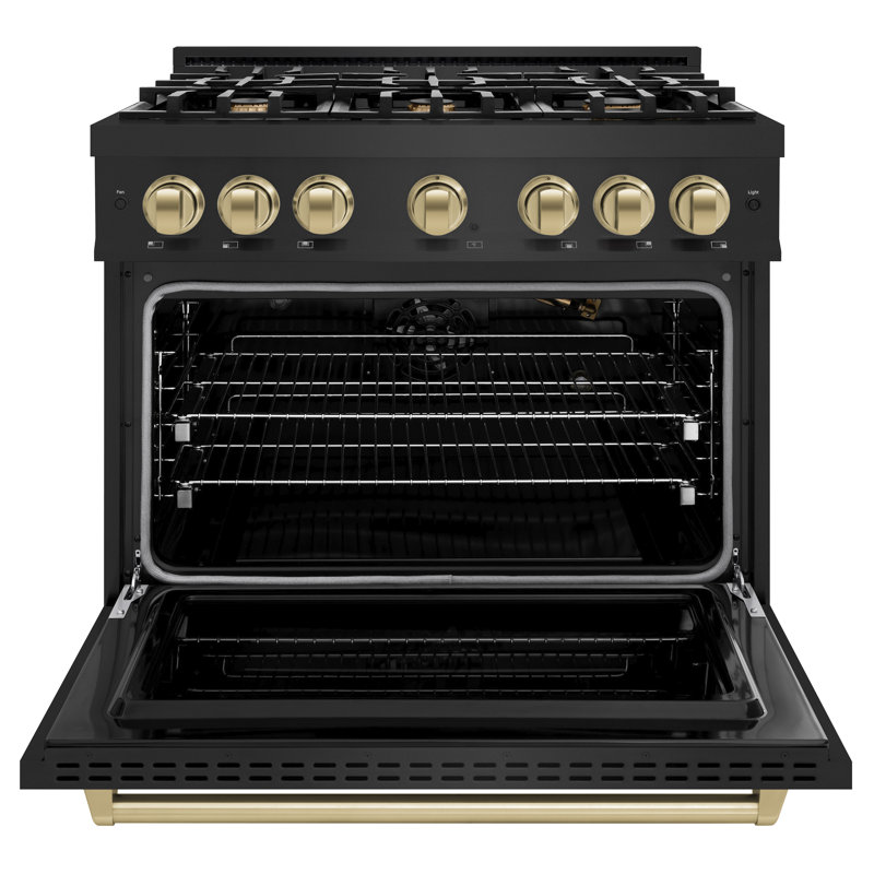 ZLINE Autograph 36" Classic Black Stainless Gas Range w/ 6 Burners & Gold Accents, Champagne Bronze