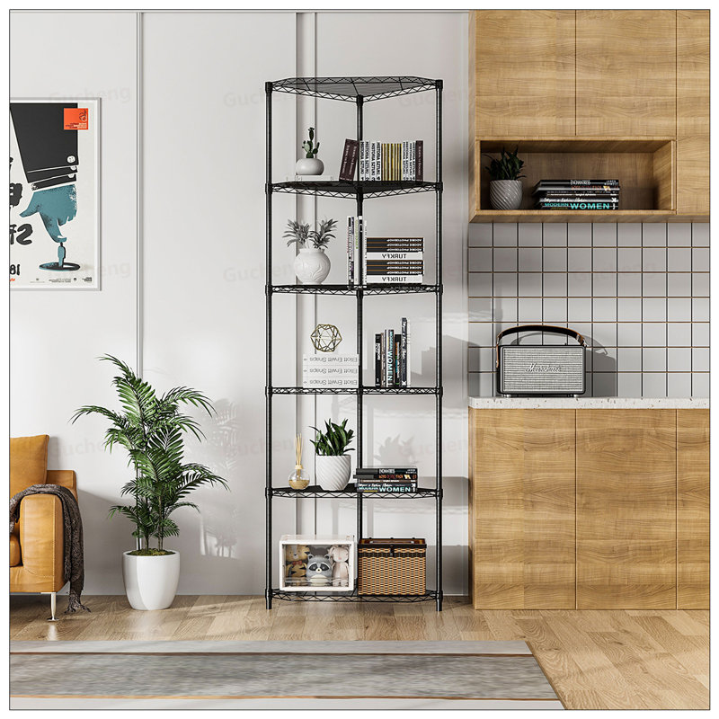 Étagère de coin en métal réglable à 6 niveaux, rangement en métal robuste pour la salle de bain, la cuisine et le salon, Noir