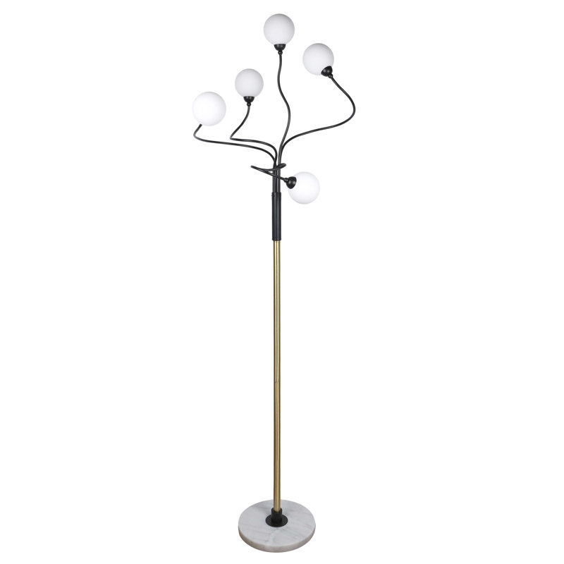 Celestial Branch Floor Lamp - White Marble - Matte Black & Soft Gold - Frosted Glass Globes