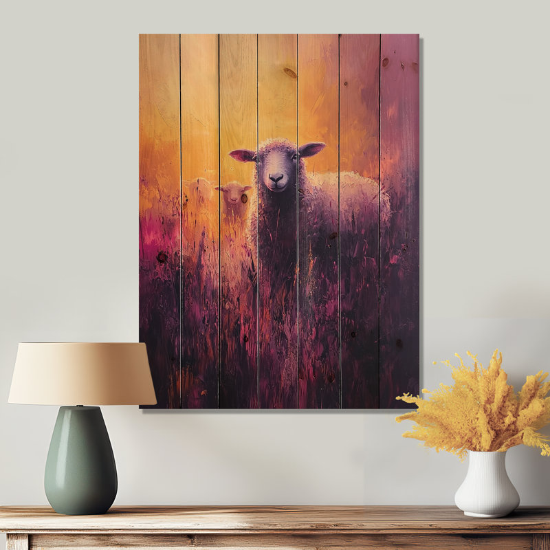 Lavender Sheep At Sunrise III - Sheep Wood Wall Decor - On Natural Pine Wood, 32" H x 24" W x 0.78" D