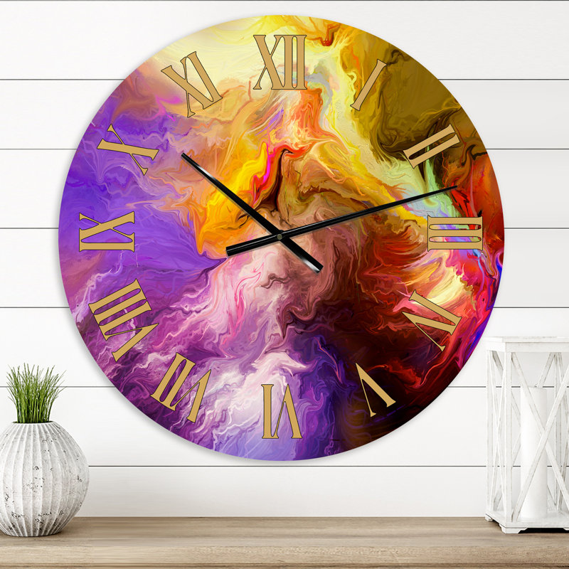 Nuage jaune et mauve peint à l'huile - horloge murale moderne, Surdimensionné