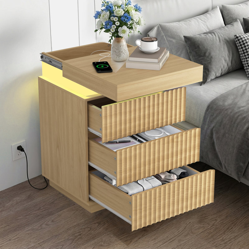 3-drawer Nightstand With Charging Station & Adjustable Led Lights, Set Of 2, Yellow