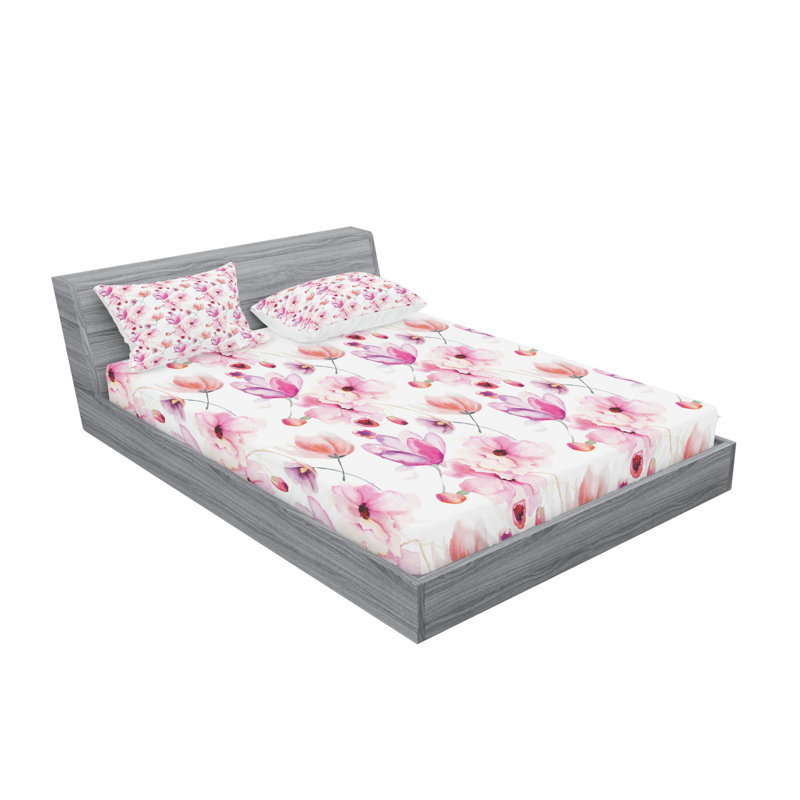 Drap-housse floral en microfibre, Full/Double Sheet Set with Fitted Sheet, Floral rose / vert / beige