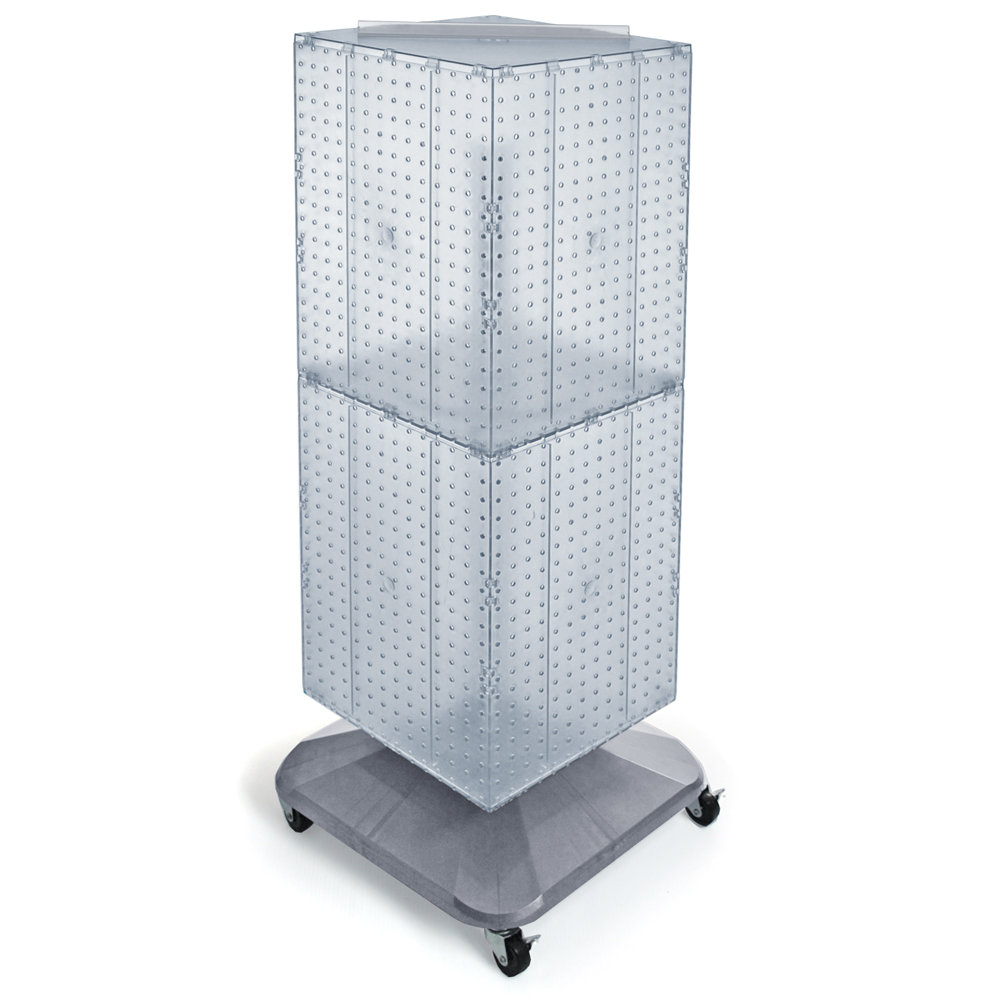 Four-Sided Pegboard Tower Floor Display on Revolving Wheeled Base. Spinner Rack Stand. Panel 