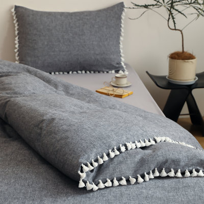Linen Cotton Blend Bedding Set with Tassel Trim(Grey,King)