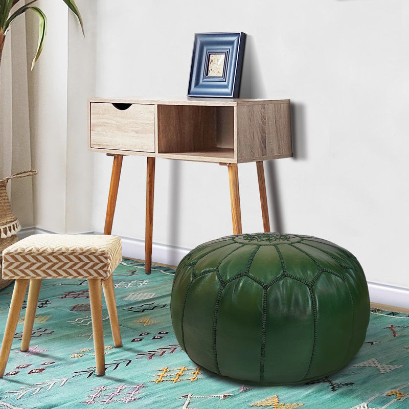 Burmaster Upholstered Pouf, Dark Green Genuine Leather