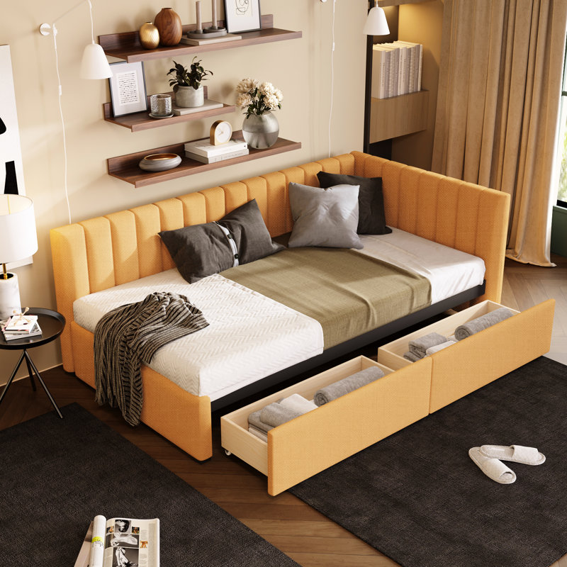 Twin Size Bed Frame With Upholstered Linen  Yellow  & 2 Storages - Daybed, No Box Spring For Organized Living Yellow , Smart Storage