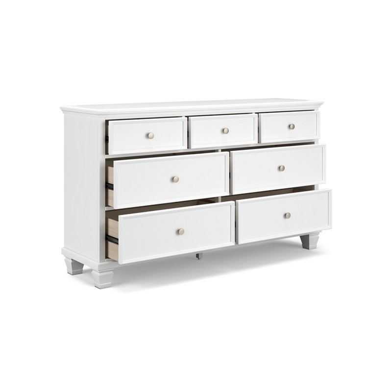 Commode large Heno, 7 tiroirs de rangement, poignées rondes en nickel, blanc