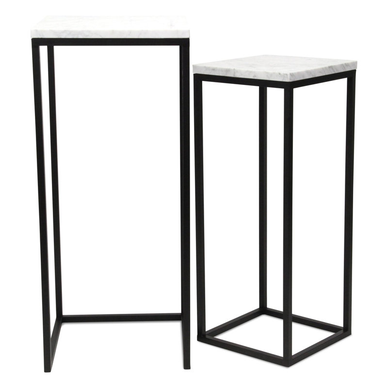 Set of Two White and Black Marble and Steel Square Frame Nested Tables