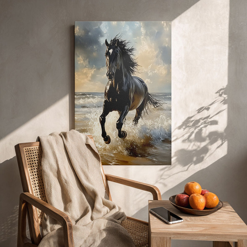 Cadre tendu avec toile dynamique «Black Stallion Courir sur la plage» pour Eclectic Studio, 18 * 12 pouces (45 * 30 * 2cm)