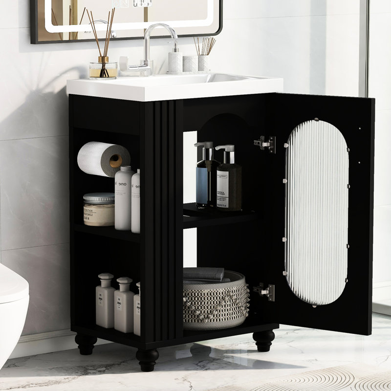 Meuble-lavabo de 20 po avec lavabo, porte d'armoire noire et en céramique, porte-papier hygiénique, tablette à deux niveaux, panneau autoportant ajustable de 20 po pour économiser de l'espace, conception compacte moderne