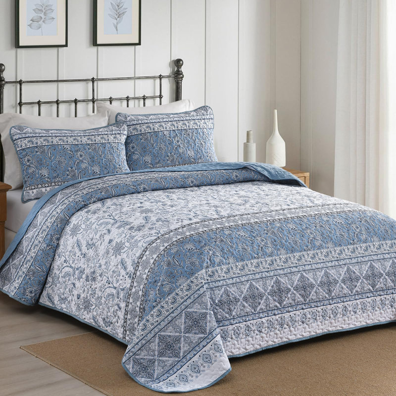 Ensemble de courtepointe 3 pièces à motif floral à motif floral cachemire 3 pièces Boho, Bleu