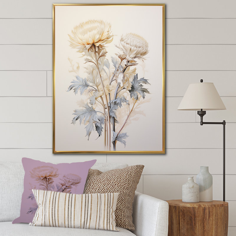 «Beige chardon», art mural sur toile Thistle, Cadre flottant doré, H 44 po x l 34 po