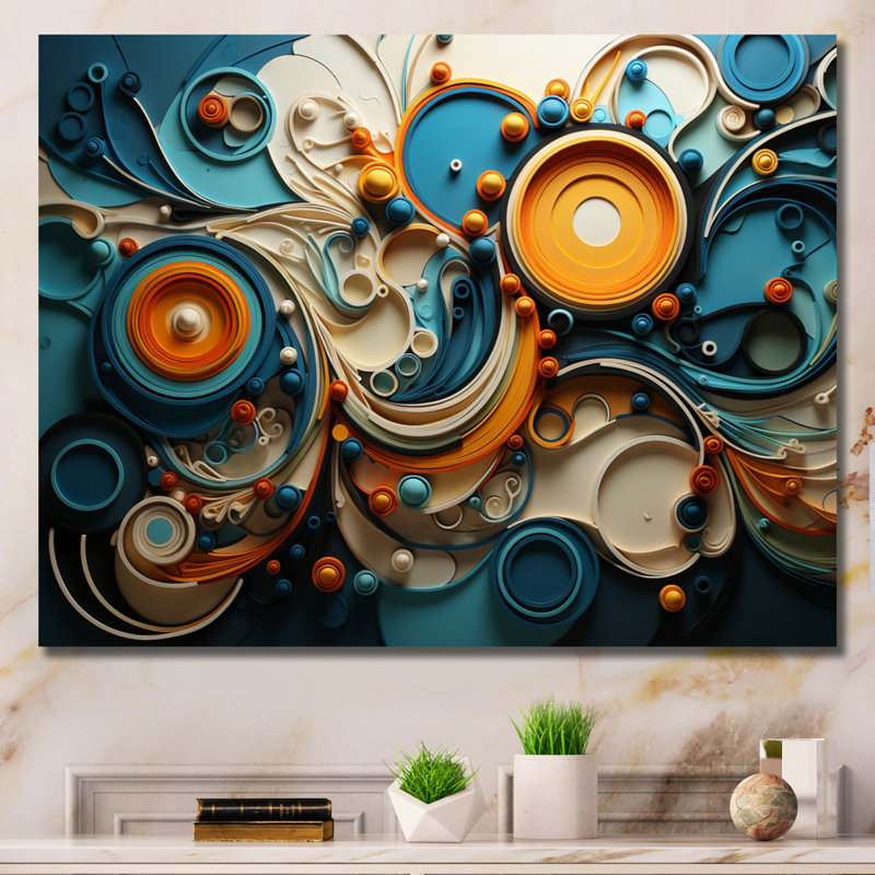 Gamar sarcelle jaune abstrait fractal collage mélodie II - fractales murales, H 12 po x l 20 po x P 1 po, Toile tendue