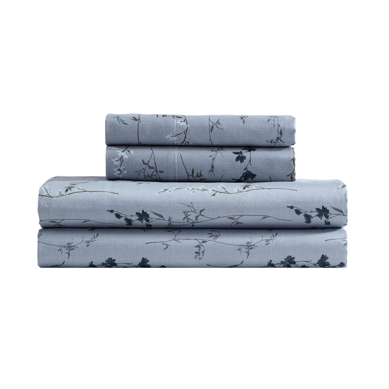 Calvin Klein Printed Sateen Cotton Sheet Set, King Sheet Set with 2 Pillowcases, Wildflower Blue