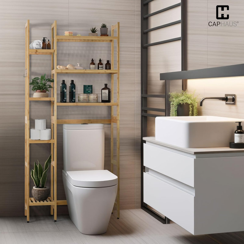 31-Inch Adjustable Bamboo Over The Toilet Storage with Hooks & Side Shelves, Multiple Options, Natural