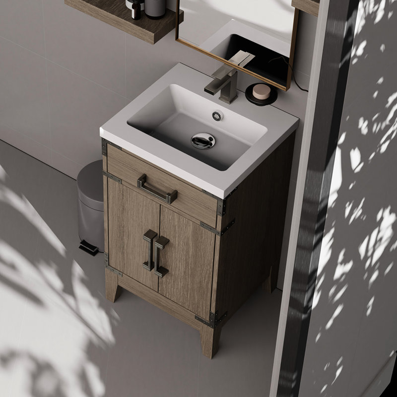 20 po De salle de bain en chêne gris avec comptoir en acrylique à la main et miroir