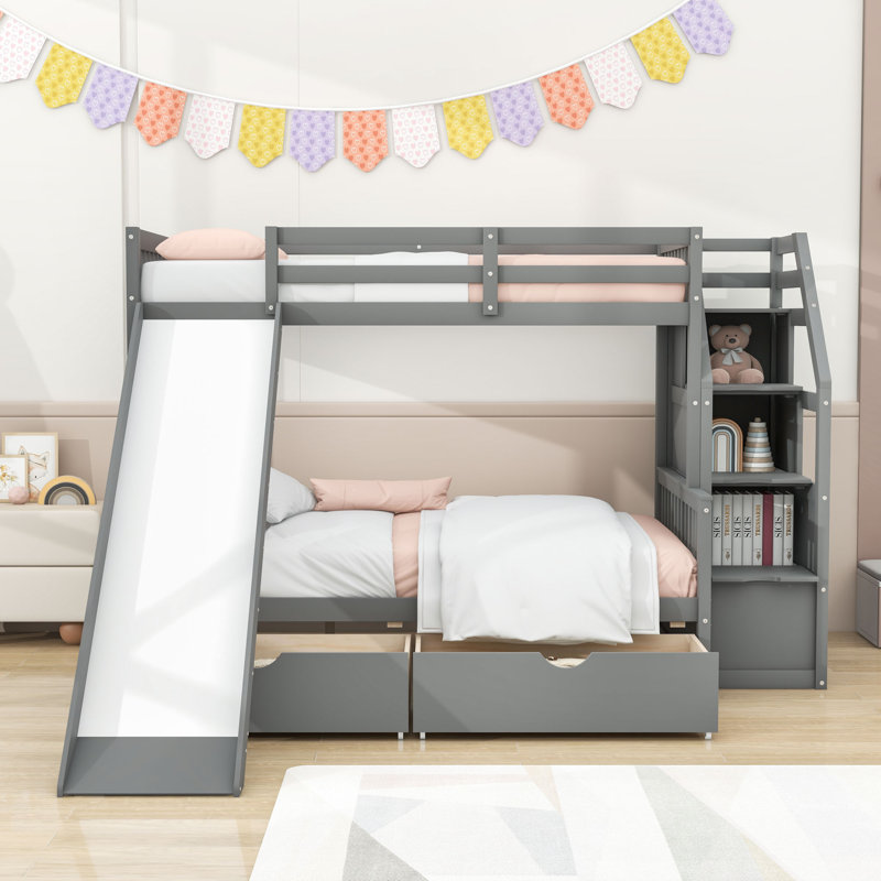 Lit superposé avec tiroirs, rangement et glissade, Grey