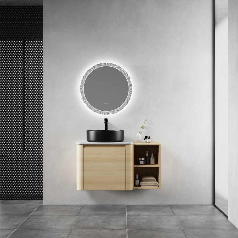 Wall-Mounted Bathroom Vanity with Ceramic Sink & Storage Shelves, Soft-Close Door