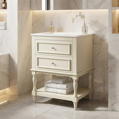 24'' Retro Design Bathroom Vanity – Ceramic Sink With Open Shelf & 2 Drawers, Retro Palace Style, Soft-Close Doors