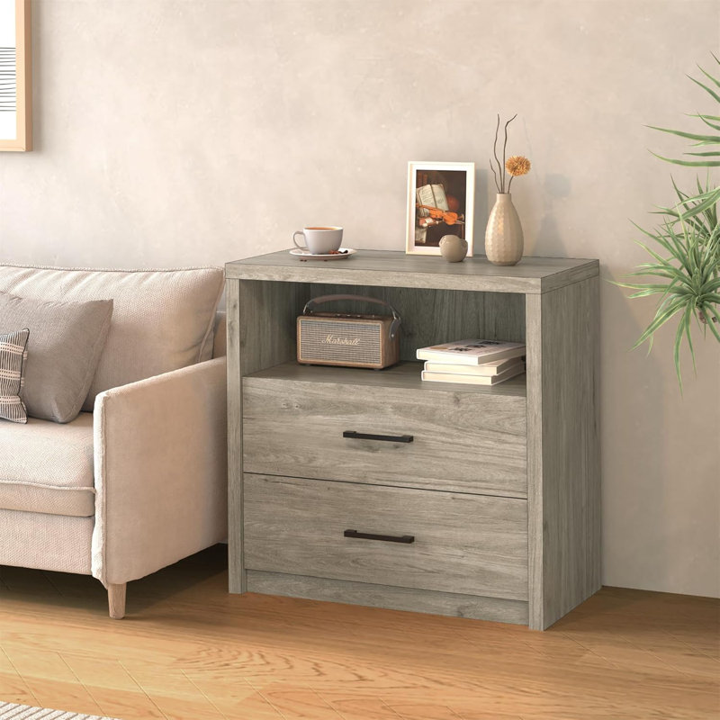 31.5" Wood Nightstand with Drawer & Shelf - Modern Bedside End Table, Gray Oak