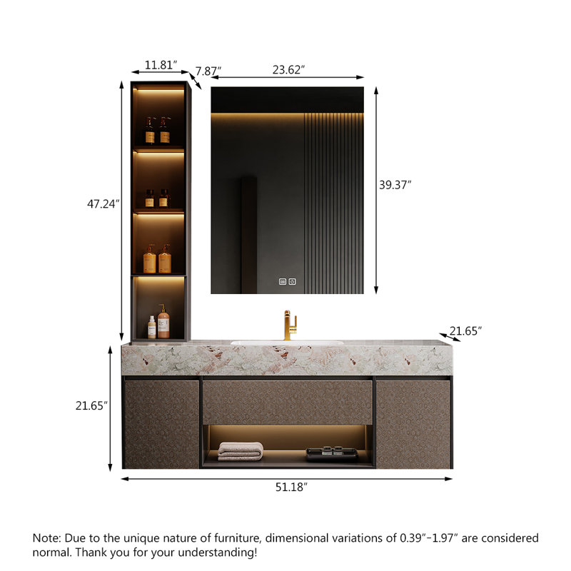 Meuble-lavabo de salle de bain mural 51,18 po en fritté brun avec miroir intelligent et armoire d'appoint, L 51 po