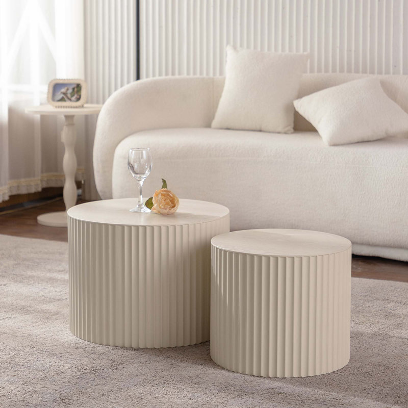 Nesting Coffee Table Set Of 2 Modern Drum Side Table End Table Wave Stripe Round Coffee Table For Living Room