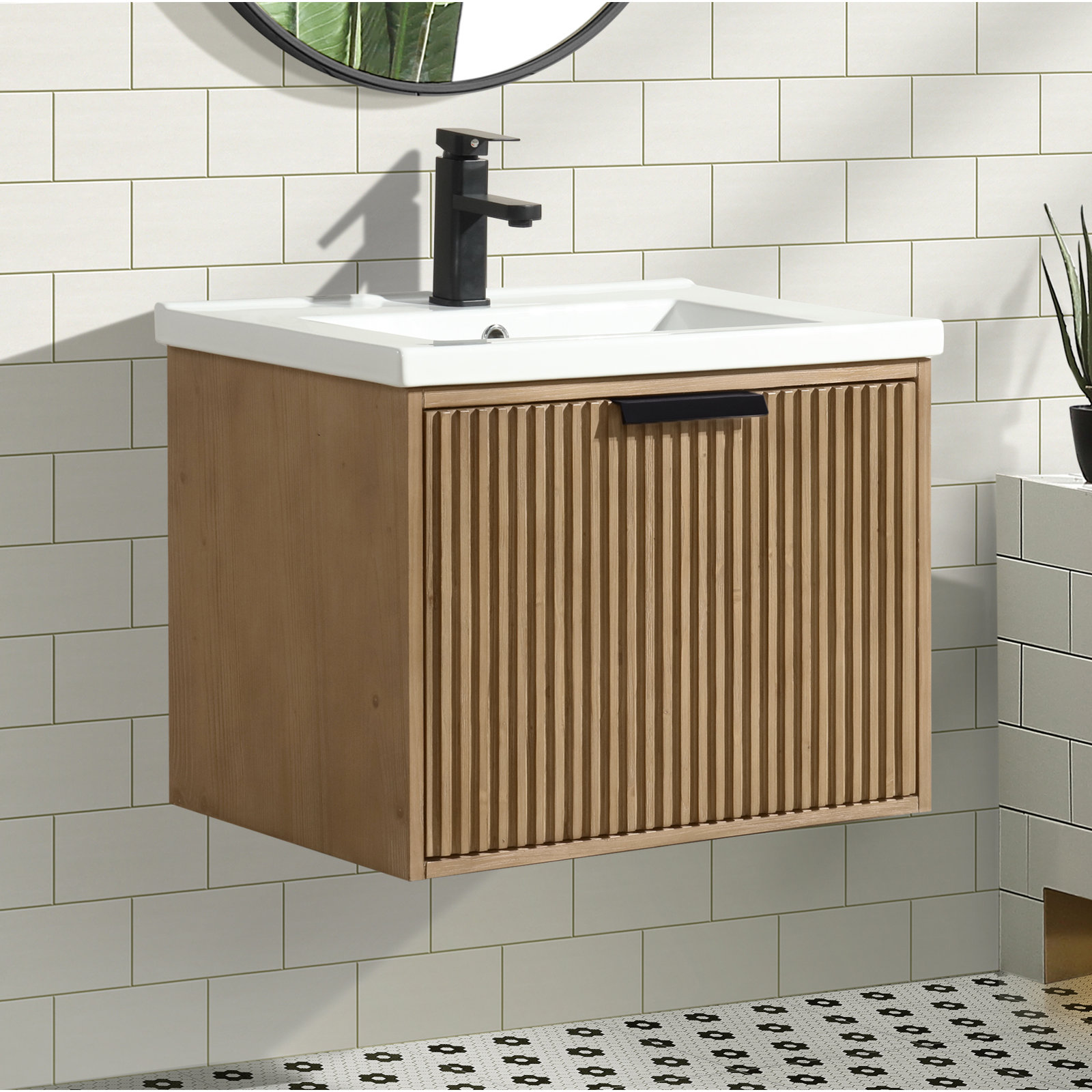 Anelie 24" Wall-Mounted Single Bathroom Vanity Set, Weathered Fir, Matte Black