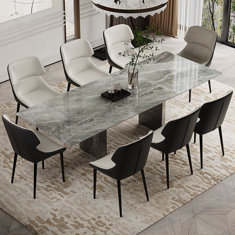 Table de salle à manger extensible de 63 à 94,5 po Subrati avec plateau en pierre frittée et base en métal pour 8-10 po, Noir