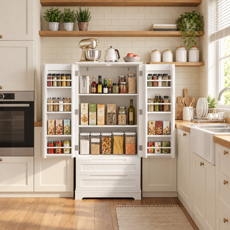 Garde-manger H 47,2 po avec 2 tiroirs et 3 tablettes Bayview Elinna, Blanc