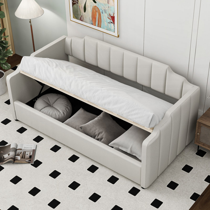 Lit de jour rembourré avec rangement inférieur, taille simple, beige, Simple, Beige