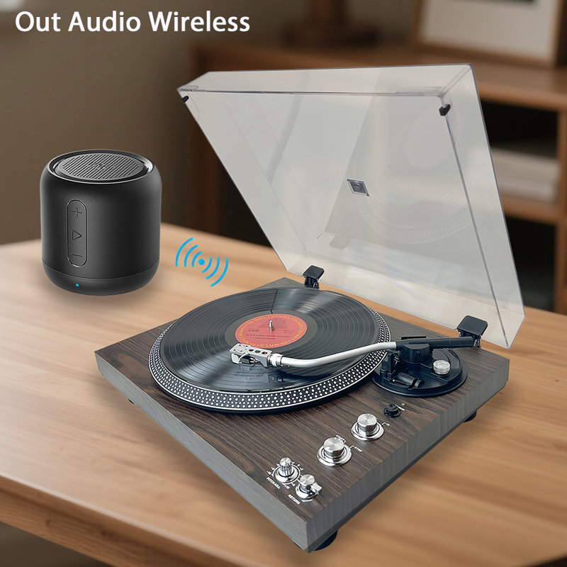 Tourne-disque vinyle rétro en bois foncé, tourne-disque à courroie avec stylet AT3600L, Bluetooth sans fil, préampli intégré, sortie RCA, 2 vitesses, cadeau pour Halloween